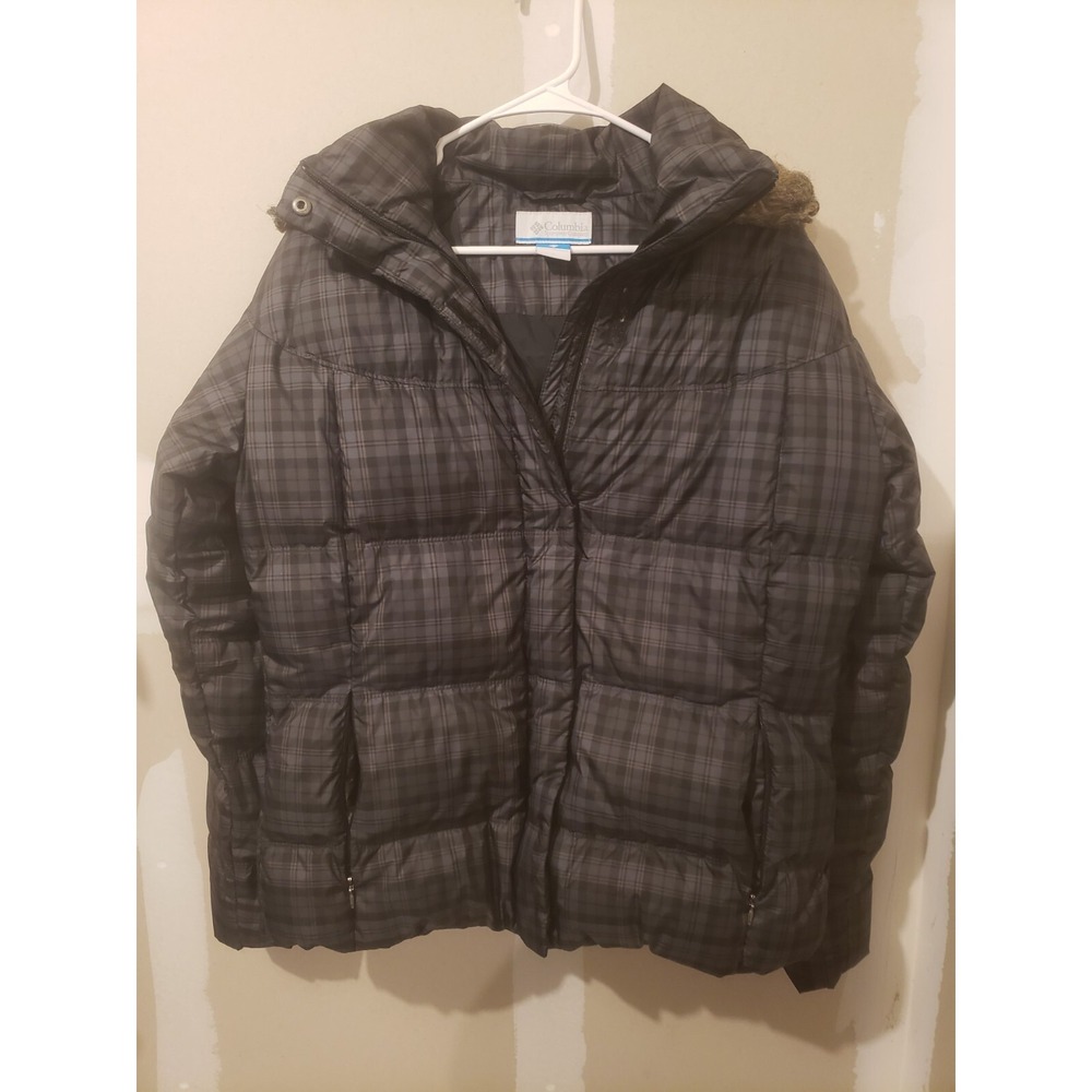 Columbia Womens Plaid Hooded Jacket Coat Size‎ LARGE Omni-shield GREEN FUR